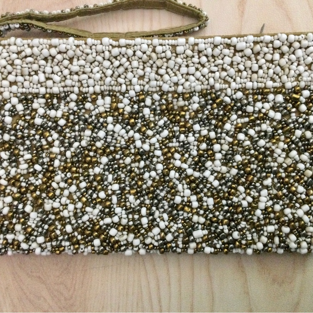 Vintage Gold & White beaded wristlet. Strap is sewn not glued!
